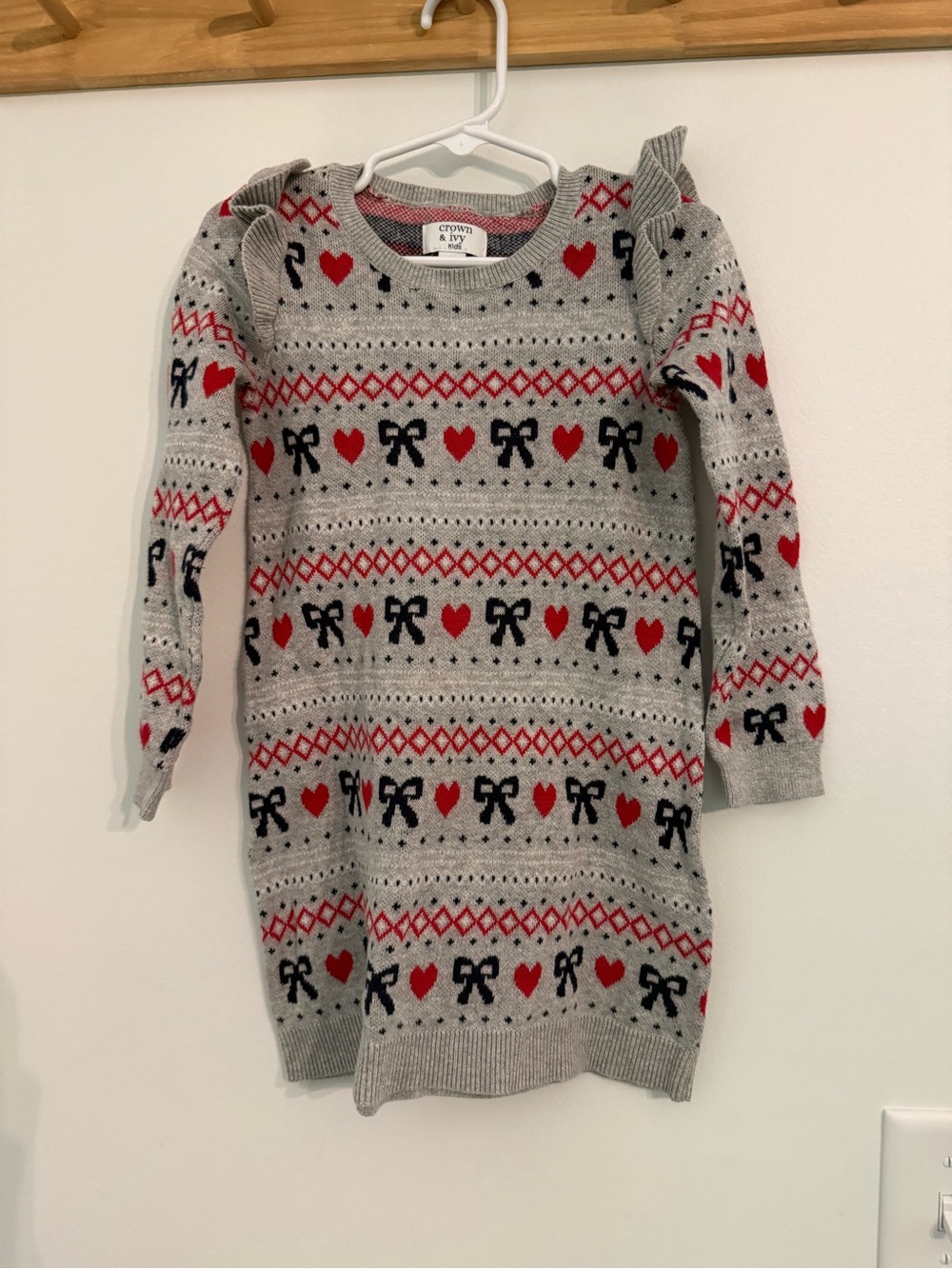 crown & ivy Grey Knit Dress with Red Heart and Black Bow Motif